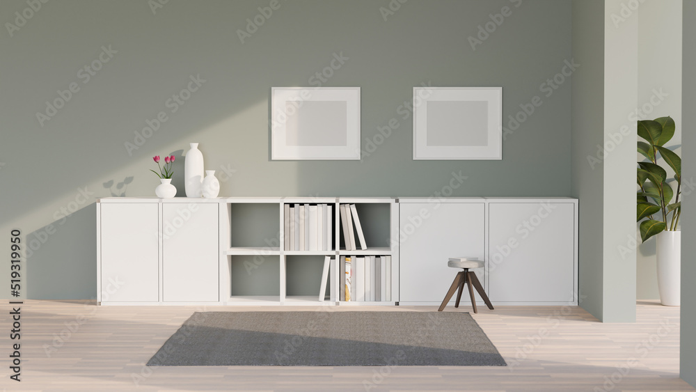 Modern minimal living room interior with modern white storage cabinet, blank frame on white wall