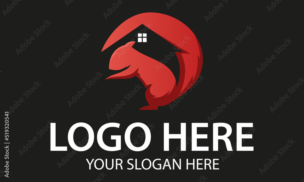 Red Color Squirrel Negative Space Home Logo Design Red Color Squirrel Negative Space Home Logo Design
