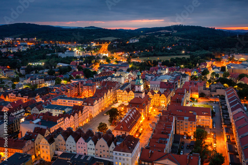 Beautiful architecture of the Town Hall Square in Jelenia Gora at dusk, Poland