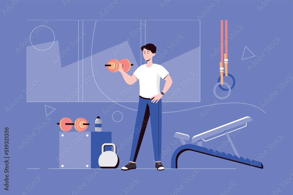 Fitness gym web concept with people scene in flat blue design. Male athlete is engaged in strength training in sports club and does exercises with dumbbells and kettlebells. Vector illustration