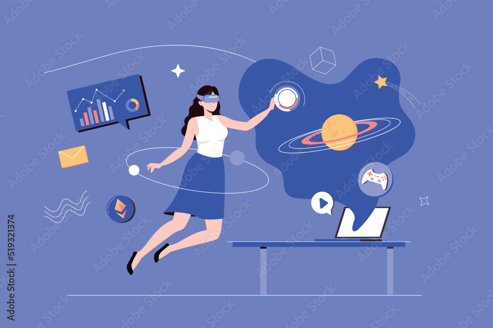 Metaverse web concept with people scene in flat blue design. Woman in VR glasses interacts with virtual objects in augmented reality simulation, playing game or does research. Vector illustration