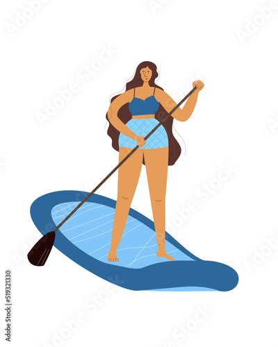 Young woman standing on sup board isolated. Cartoon style