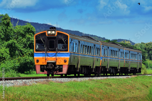 Diesel railcar on the railway in Thailand