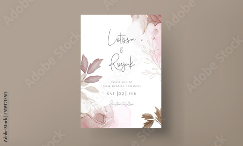 Floral wedding invitation template set with brown and maroon roses flowers and leaves decoration