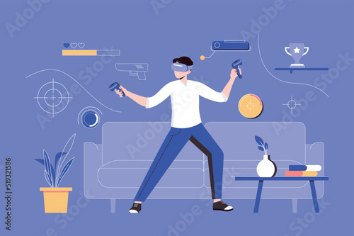 Virtual reality web concept with people scene in flat blue design. Man in VR glasses using controllers for interacts with augmented simulation for playing video game at home. Vector illustration