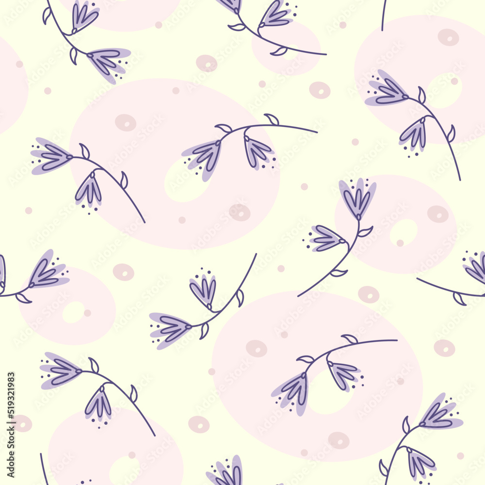 Floral pattern. Stylized graphic flowers with a lilac contour on a background of pink spots. Vector illustration.