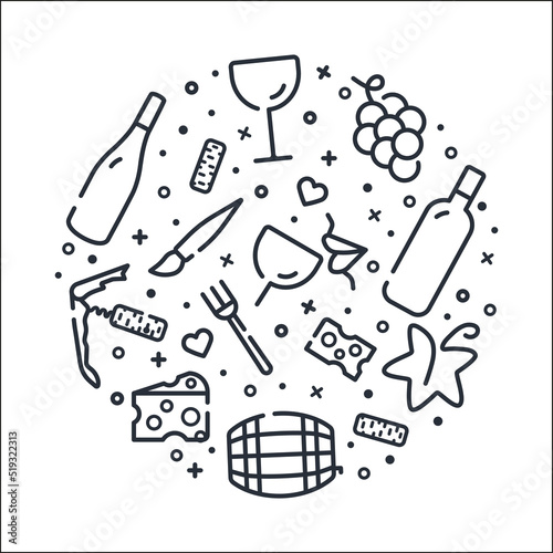 circle with line icons of wine, food, wine tasting and tourism