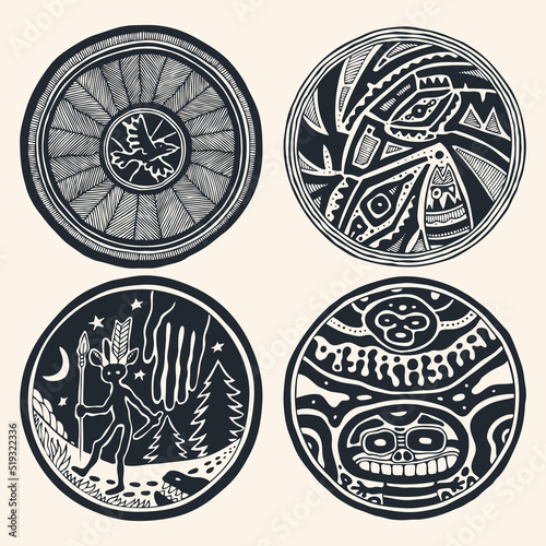 Black and white tribal round decorative symbols set.  Hand Drawn Decorative Ethnic ornamental Design Elements In Engraving Style. Vector illustration.