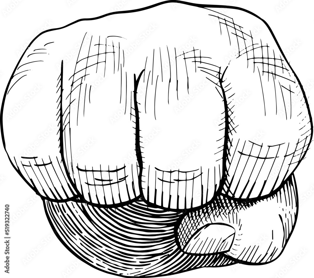 Close-up of a hand closed in a fist. Black and white vector illustration. Hand gestures.