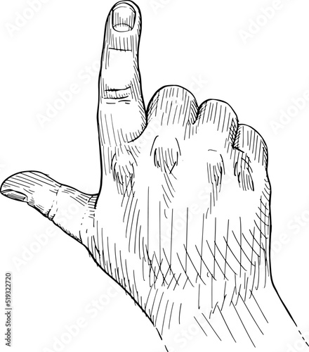 Close-up of hand showing the letter L, sign of the loser Hand language, non-verbal. Black and white vector illustration, back view.