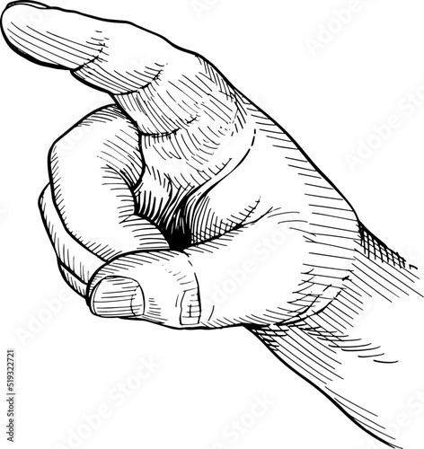 Close-up of hand pointing finger at, side view. Hand language, non-verbal. Black and white vector illustration.