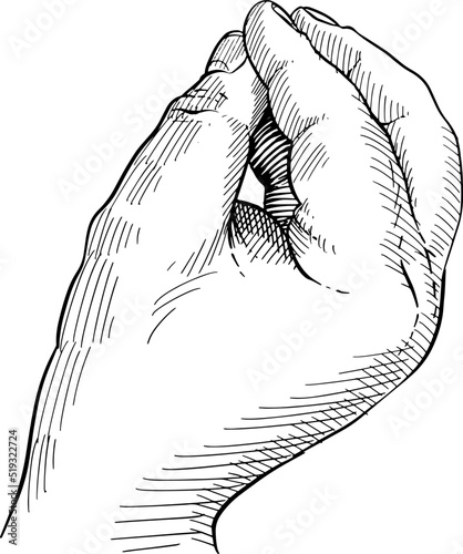 Close-up of hand gesture with pinched fingers: what do you want ?, concept of so much, Italian gesture. Black and white vector illustration.
