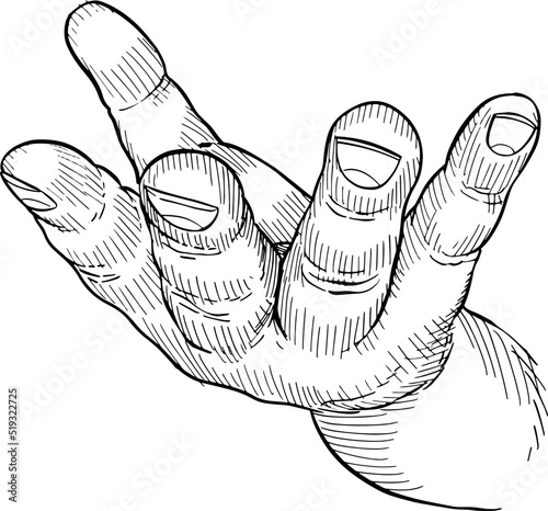 Close-up of hand with palm up giving or asking.Hand language, non-verbal communication. Black and white vector illustration, back view