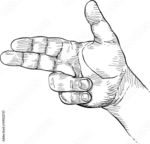 Close-up of hand making the gun sign with three fingers, aiming with the hand. Hand language. Black and white vector illustration.