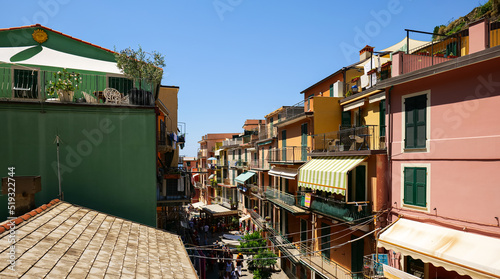 Travel to Cinque Terre (Five Lands in English). Aerial view over Corniglia architecture landmark village at the coast of Liguria Sea from Italy. 