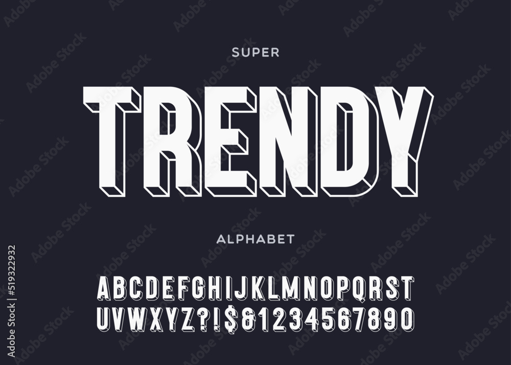 Vector trendy alphabet 3d bold typography sans serif style for poster, decoration, promotion, book, t shirt, sale banner, printing on fabric. Cool typeface. Modern font. 10 eps