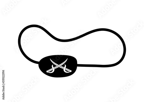 Pirate eye patch with cross cutlass vector illustration. Corsair sword saber on black eyepatch isolated on white background.