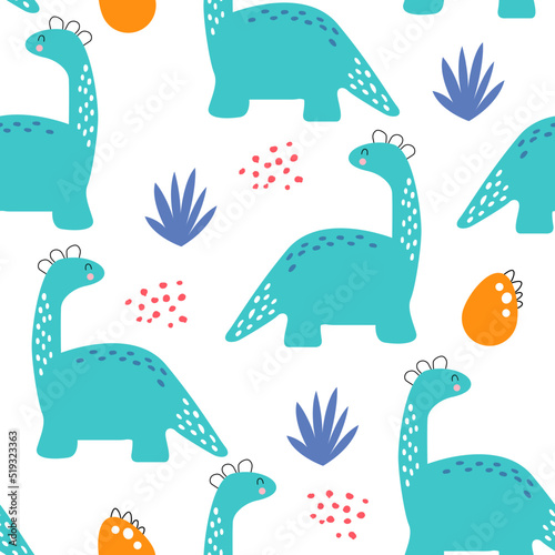 Vector hand drawn seamless pattern with cute dinosaurs. Dino  bushes  dots  eggs. Scandinavian style. For decorating a children s wall  wallpaper  clothes and textiles.