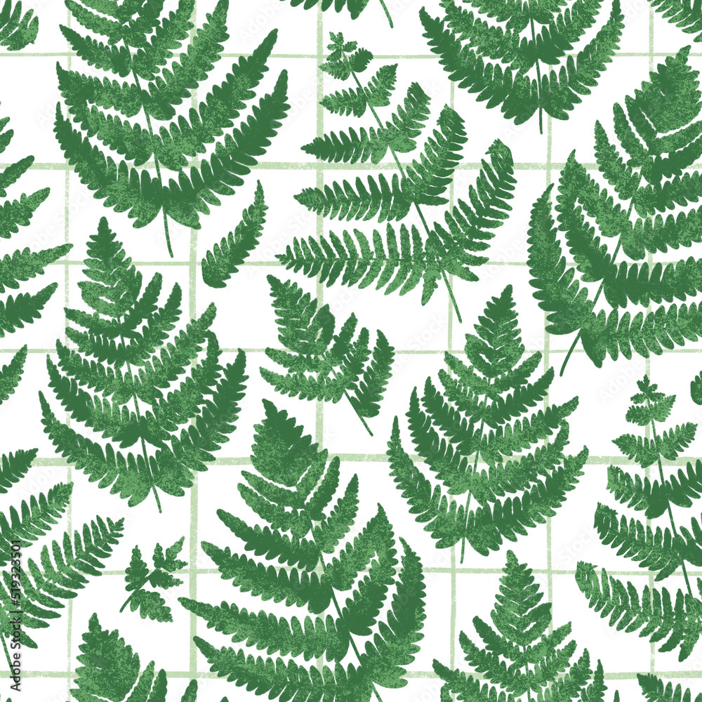 Green fern on green checkered background, pattern illustration