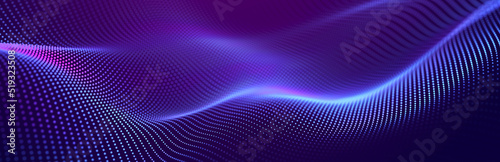Particle stream. Purple background with many glowing particles. Information technology background. 3d rendering.