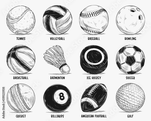 Hand drawn most popular sports balls sketch set isolated on white background vintage etching drawing