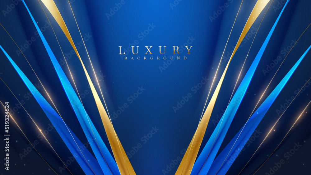 Blue luxury background with gold ribbon decoration and glitter light effect elements. Stock