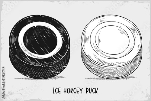 Hand drawn Ice Hockey puck sketch isolated on white background, Detailed vintage etching drawing