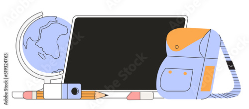 Laptop or computer with school supplies, backpack, pencil and rubber, globe. Concept for back to school, online learning and teacher for pupils anouncement vector illustration.