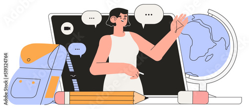 Professor on laptop screen. Female teacher in classroom. Online learning, advanced tranining teaching methodology concept. School teacher video conference call with pupils. Lecturer distant teaching.