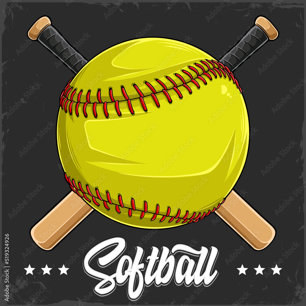 Hand drawn yellow Softball ball with red lacing and two crossed softball bats behind - obrazy, fototapety, plakaty 