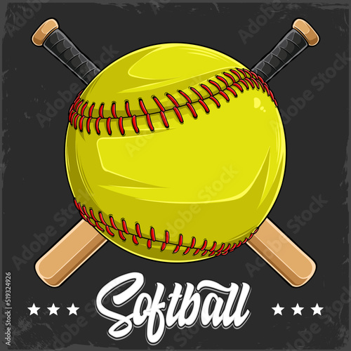 Hand drawn yellow Softball ball with red lacing and two crossed softball bats behind photo