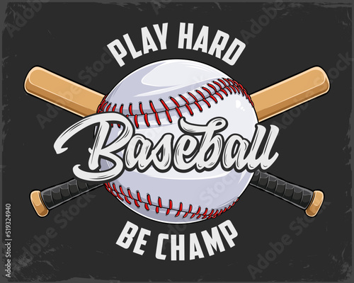 Hand drawn Baseball ball with red lacing and two crossed softball bats, play hard and be champ