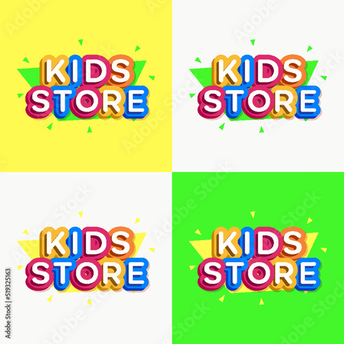 Vector kids store logo set colorful style for game zone, kids shoes, baby club, children school, clothes company, toys shop, toy market, cafe, education club, kid shop, firm, cartoon label. 10 eps