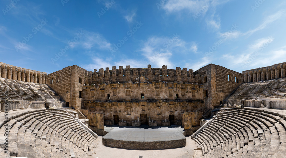 Wide angle photo of Aspendos ancient site in Antalya.