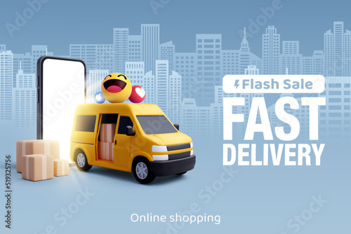 3d Vector of Express delivery van. Fast delivery and shipping on blue town background. Fast delivery.