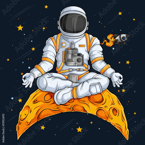 Tablou canvas Hand drawn astronaut in spacesuit doing yoga gesture on moon, astronaut meditati