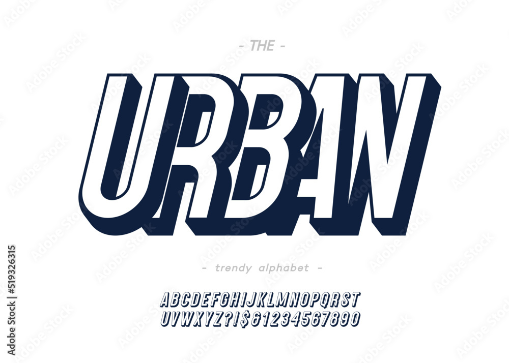 Vector 3d bold urban alphabet modern typography sans serif style for book, promotion, poster, decoration, t shirt, sale banner, printing on fabric. Cool font. Trendy typeface. 10 eps