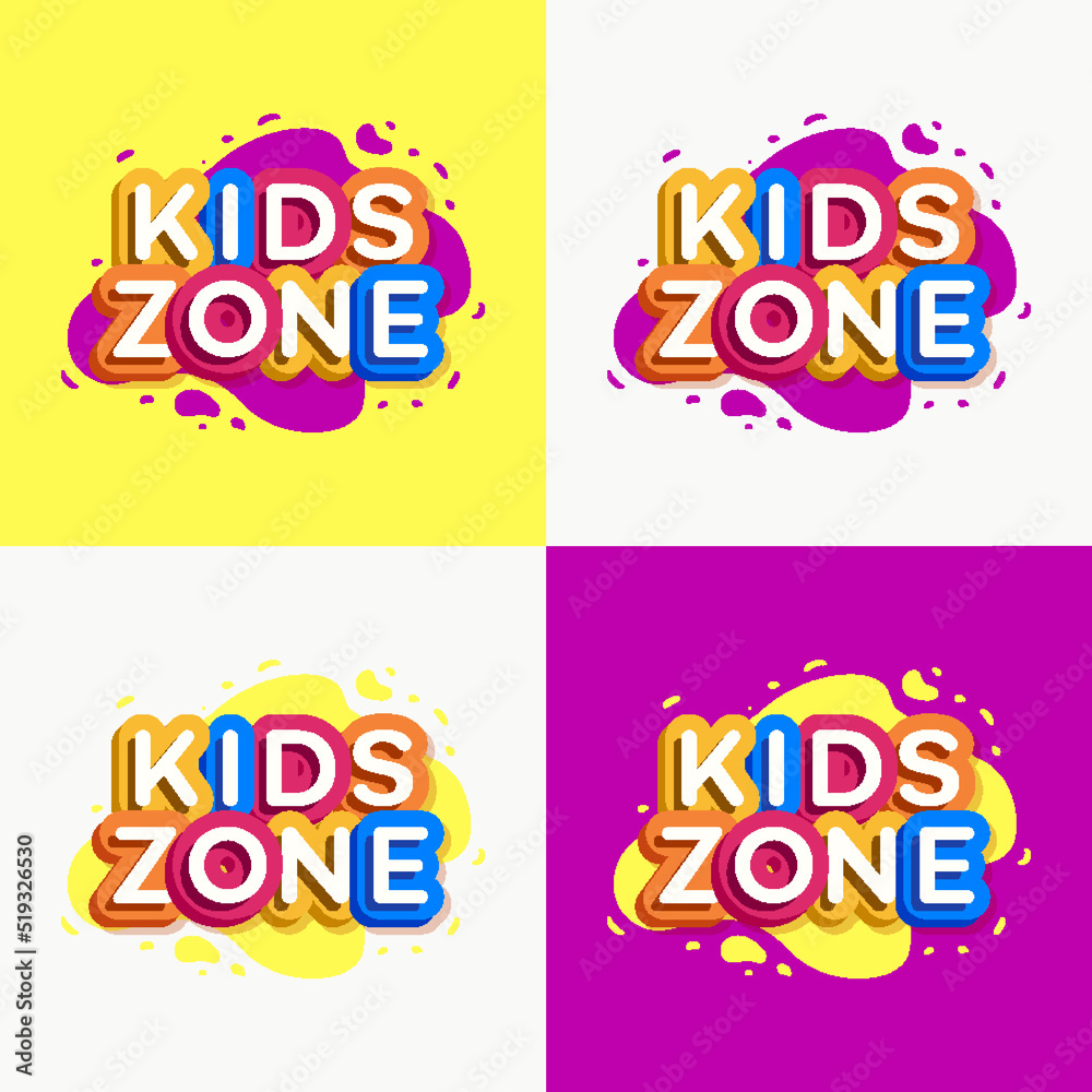 Vector kids zone logo set colorful style for game store, kids shoes, baby club, children school, clothes company, toys shop, toy market, cafe, education club, dress shop, firm, cartoon label. 10 eps