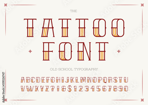 Tattoo font colorful style. Retro font sans serif style for party poster, printing on fabric, t shirt, promotion, decoration, stamp, label. Cool modern alphabet vintage typography. Vector 10 eps
