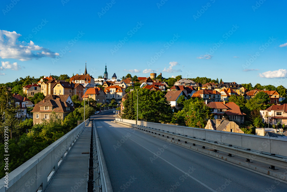 Bridge over the river Luznice and the city of Tabor in the background. Czechia