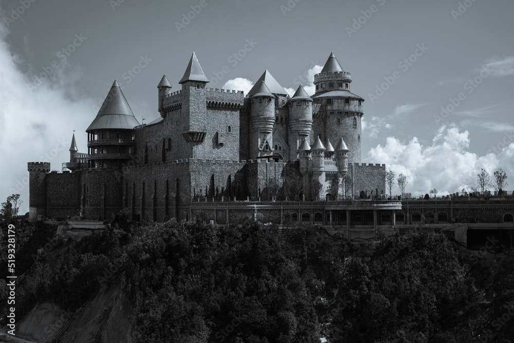 castle in the night black and white haunted