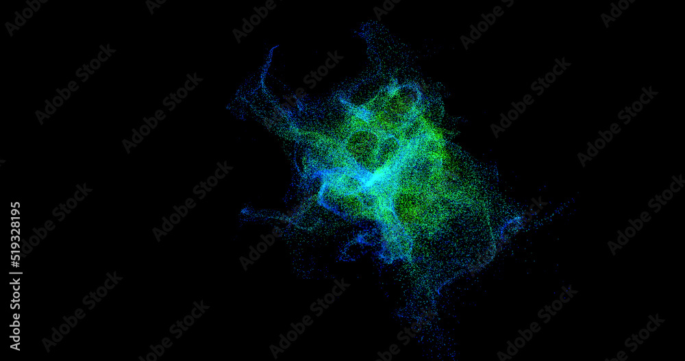 Fototapeta premium Abstract background of flying small particles with a small depth of field. Chaotic emission of particles of blue and green colors on a black background. 3D rendering illustration