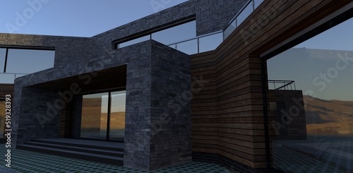 Front entrance to a non-standard building with a long terrace. Finishing facade board and gray slate. 3d render.