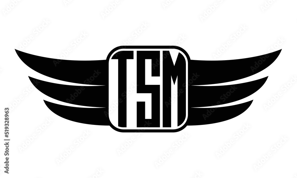 TSM three Letter wing minimalist creative concept icon eagle symbol professional black and white logo design, Vector template