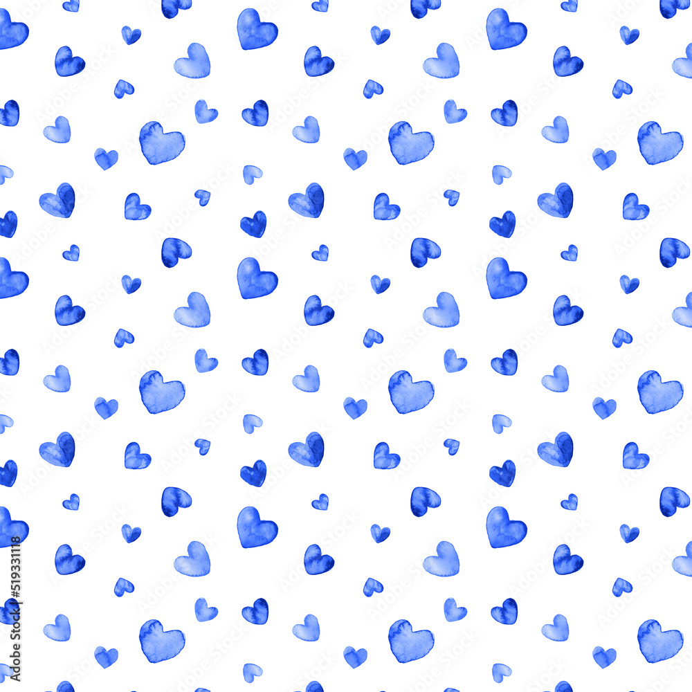 Seamless pattern with watercolor blue hearts