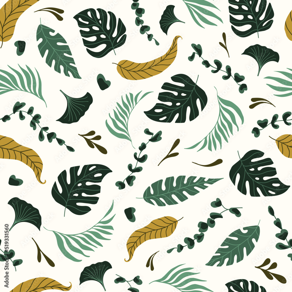 Green tropical leaves seamless pattern. Flat vector illustration