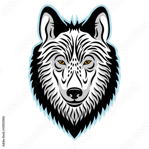 Wolf head vector drawing. The illustration of the head of a wolf or a dog is drawn with black strokes on a white background. Can be used for printing on t-shirts, posters, stickers. 