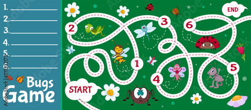 Flat style family board game for children. Kids boardgame with green map, game steps, srat and finish, flowers, insects, ladybugs and grasshoppers vector illustration.