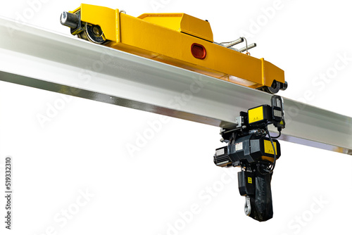 Over head electric chain hoist with drive wheel unit install at mono rail runway beam for lifting and transfer object and reduce work load isolated on white background with clipping path photo