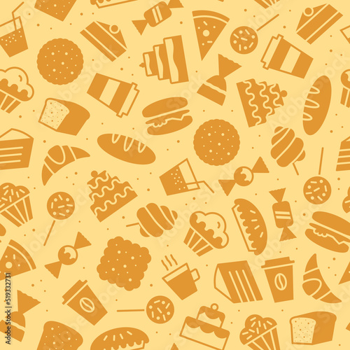 sweet seamless pattern flat style for bakery shop, website, menu, dessert banner, cupcake, cafe, restaurant, packaging wrapping paper. Baked background vector 10 eps